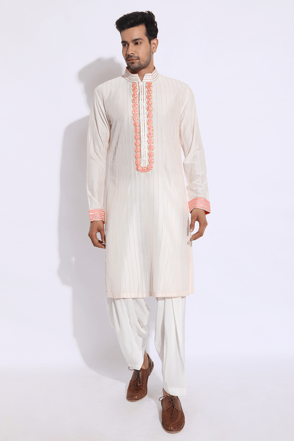 Ivory with Peach and Orange Pleating Detail Kurta Set (Express Delivery) - Kunal Anil Tanna