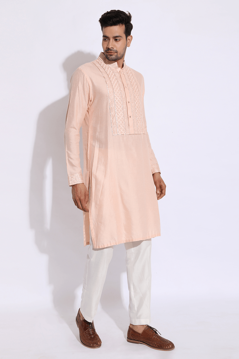 Light peach with thread embroidery Kurta set (Express Delivery) - Kunal Anil Tanna