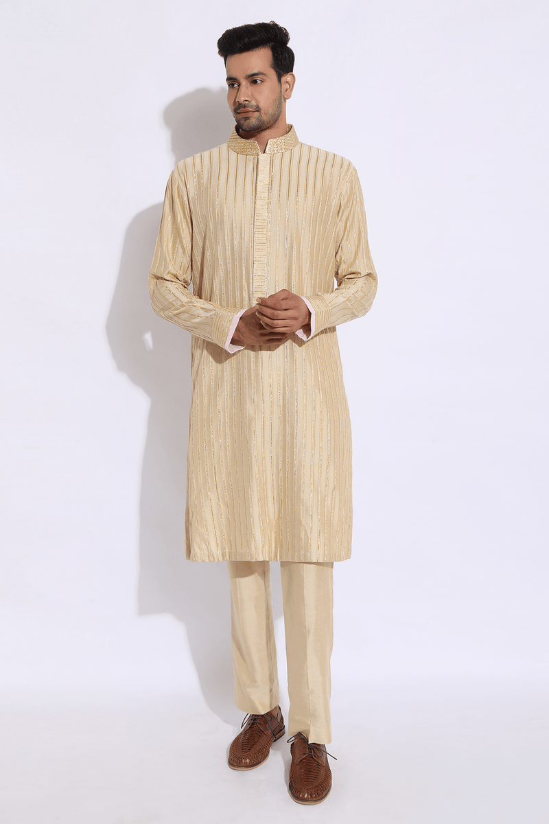 Beige with zari lines Kurta set - Kunal Anil Tanna