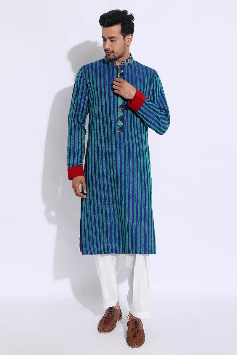 Blue with green texture kurta set - Kunal Anil Tanna