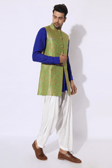 Green brocade bandi jacket with blue kurta set - Kunal Anil Tanna