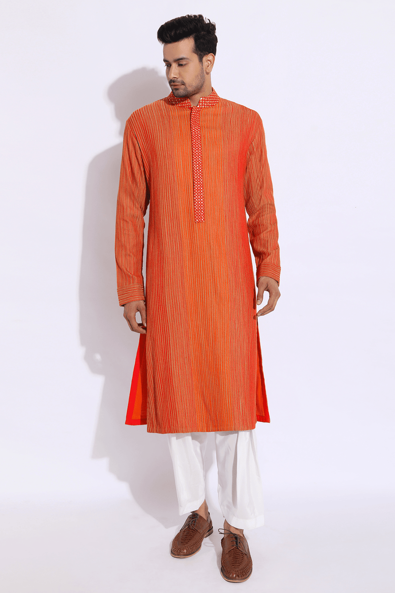 Beige with red and orange thread texture kurta set (Express Delivery) - Kunal Anil Tanna