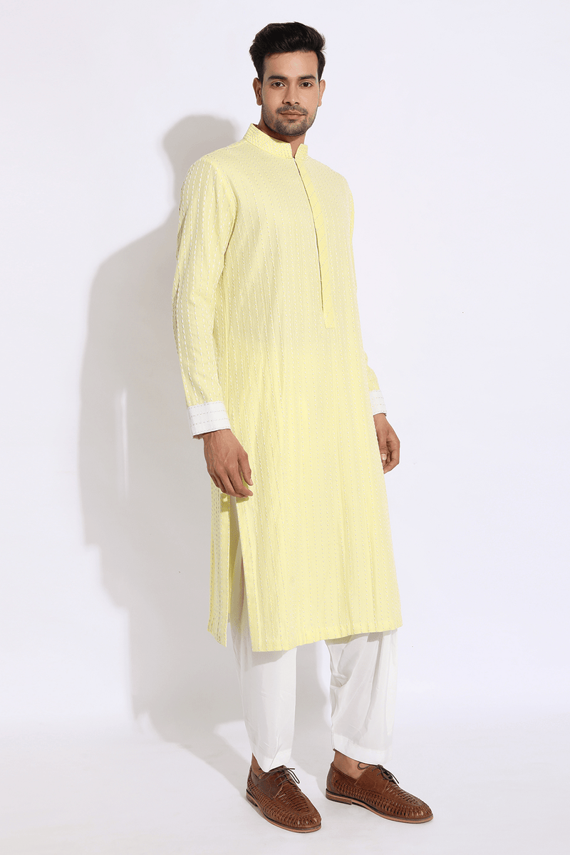 Light yellow with thread texture Kurta Set (Express Delivery) - Kunal Anil Tanna