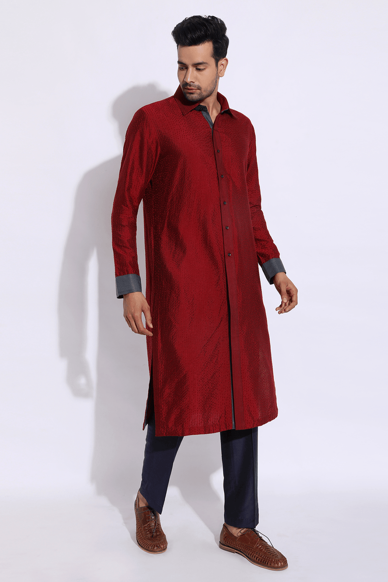 Dark red with thread texture shirt kurta set - Kunal Anil Tanna