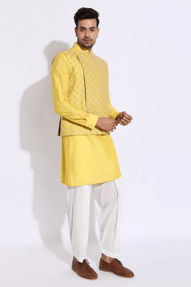 Yellow thread textured bandi kurta set - Kunal Anil Tanna