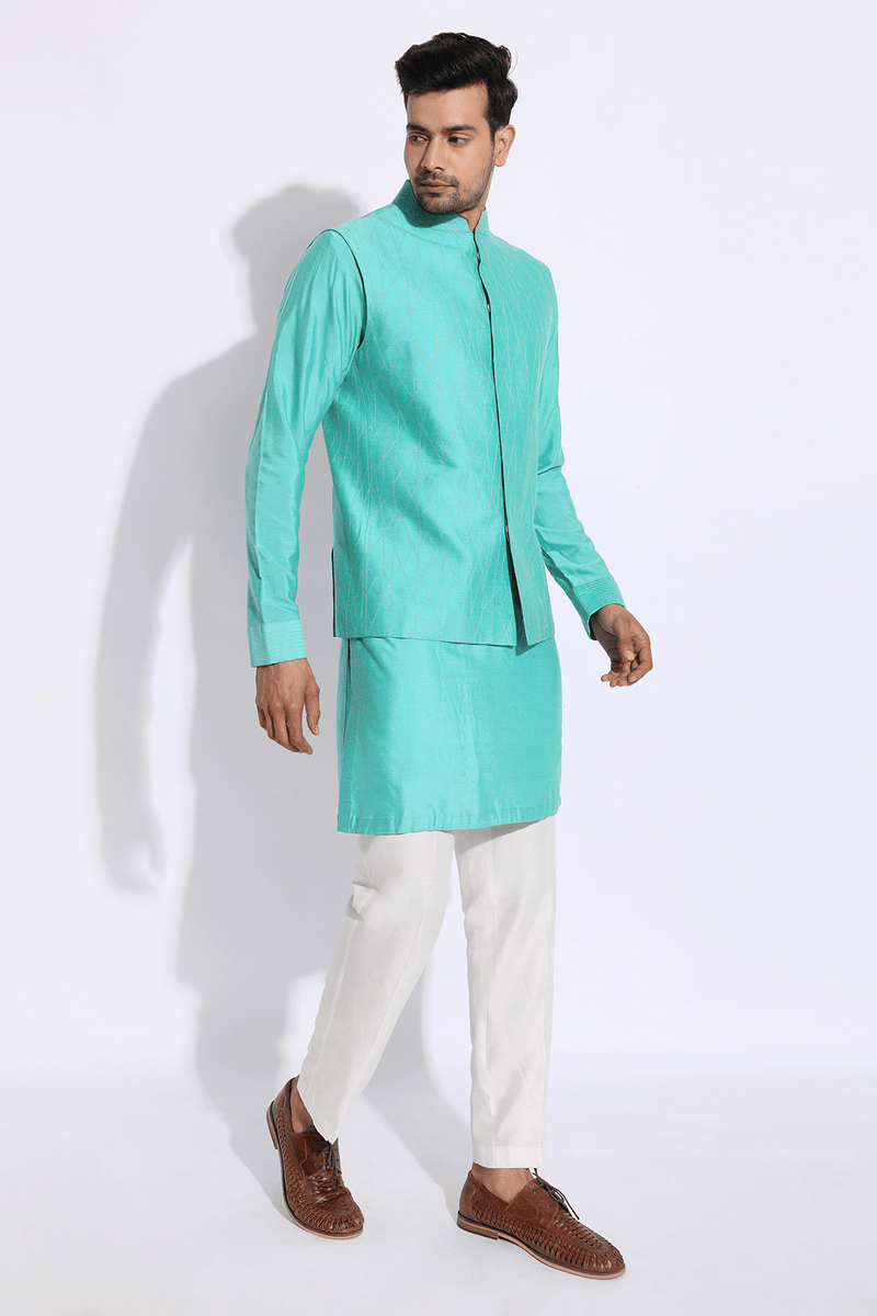Turquoise blue with gold zari texture bandi kurta set - Kunal Anil Tanna