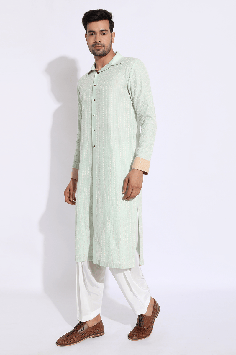 Light green with thread texture Kurta Set (Express Delivery) - Kunal Anil Tanna
