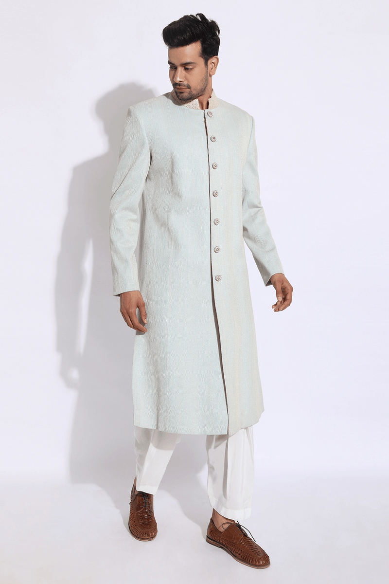 Light Blue with Ivory Thread Texture Sherwani Set (Express Delivery) - Kunal Anil Tanna
