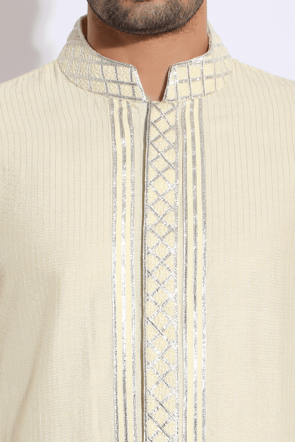 Light Yellow with thread embroidery Kurta set (Express Delivery) - Kunal Anil Tanna