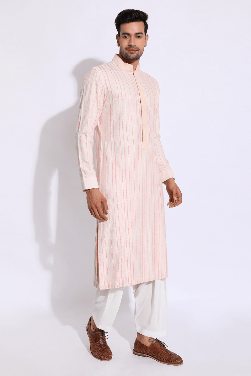 Ivory with pink thread texture kurta set - Kunal Anil Tanna