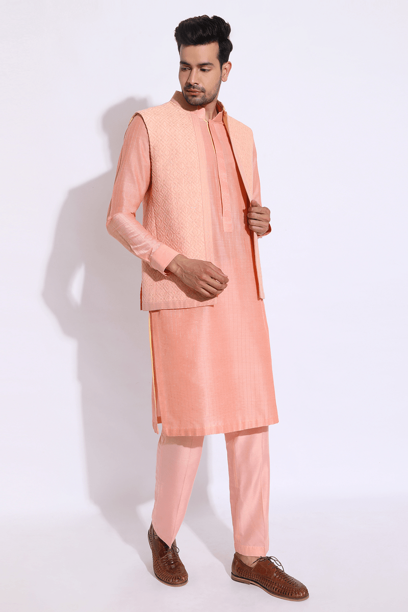Peach thread embroidered open bandi jacket with peach kurta set (Express Delivery) - Kunal Anil Tanna