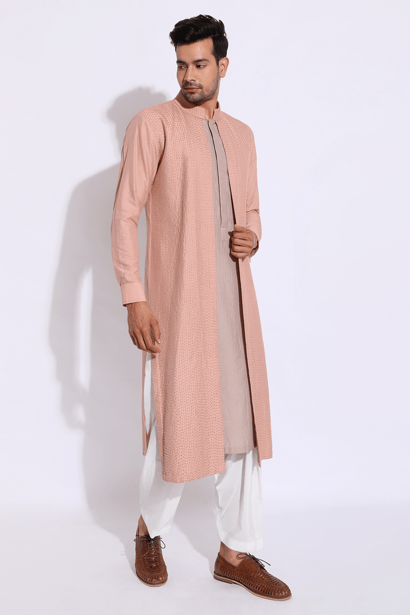 Salmon and grey mock layered kurta set (Express Delivery) - Kunal Anil Tanna