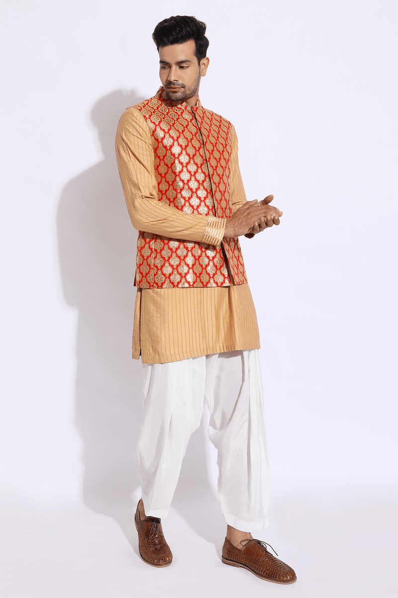 Red brocade bandi jacket with beige kurta set - Kunal Anil Tanna