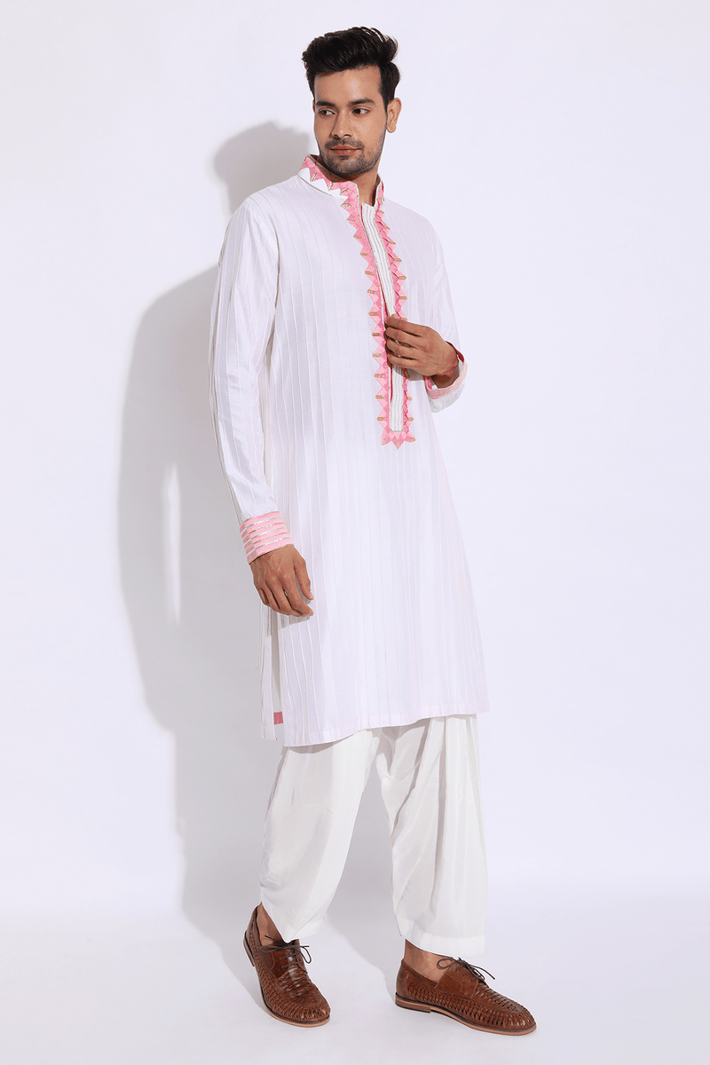 Ivory with pink pleating detail kurta set - Kunal Anil Tanna