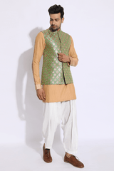 Green brocade bandi jacket with beige kurta set (Express Delivery) - Kunal Anil Tanna