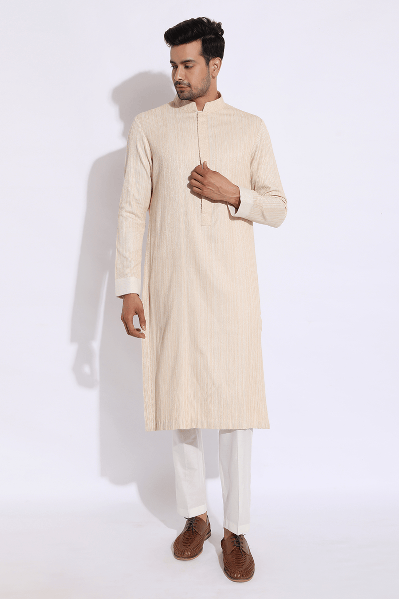 Ivory with beige thread texture kurta set - Kunal Anil Tanna