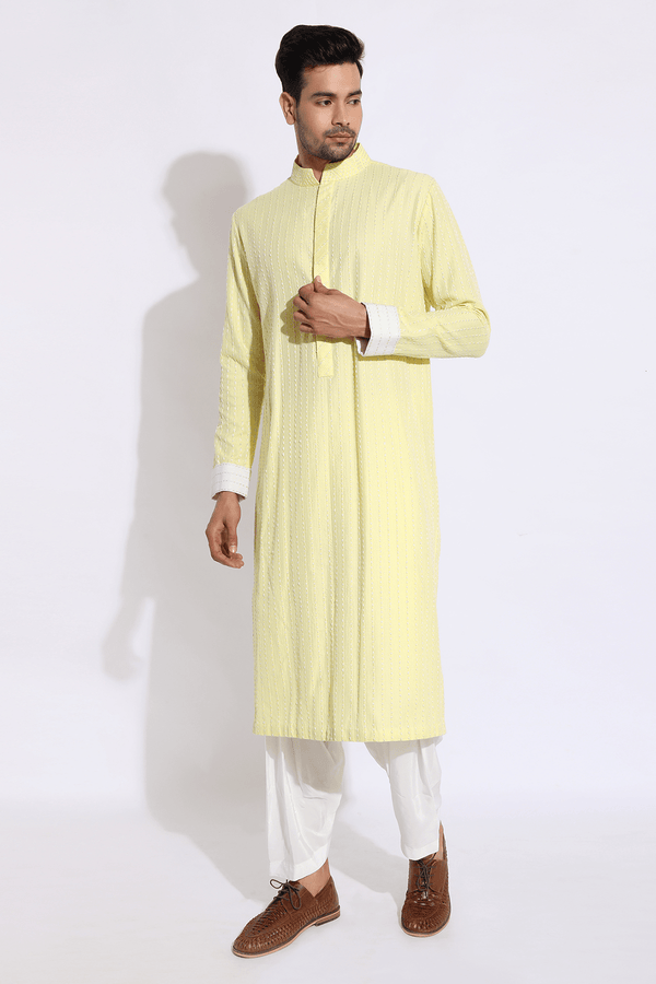 Light yellow with thread texture Kurta Set - Kunal Anil Tanna