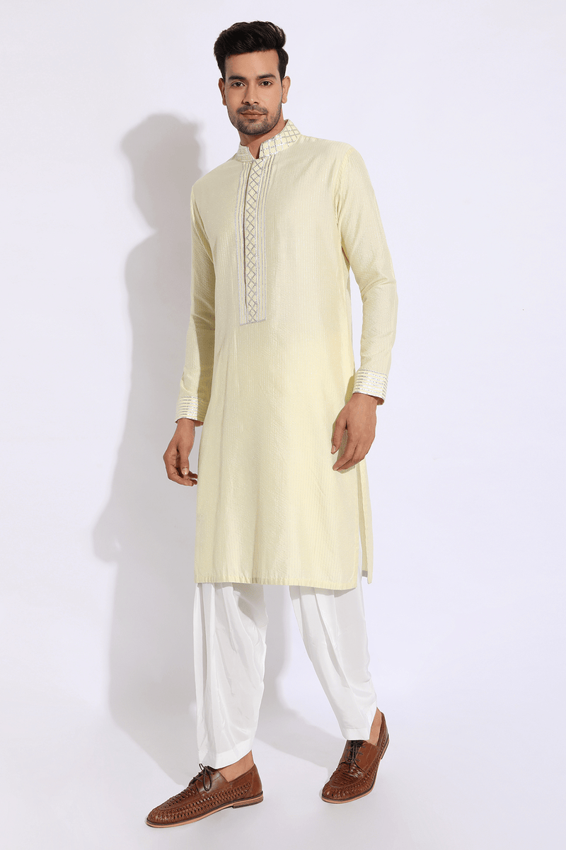 Light Yellow with thread embroidery Kurta set (Express Delivery) - Kunal Anil Tanna
