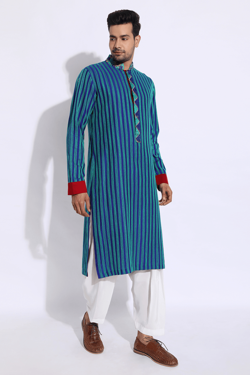 Blue with green texture kurta set - Kunal Anil Tanna