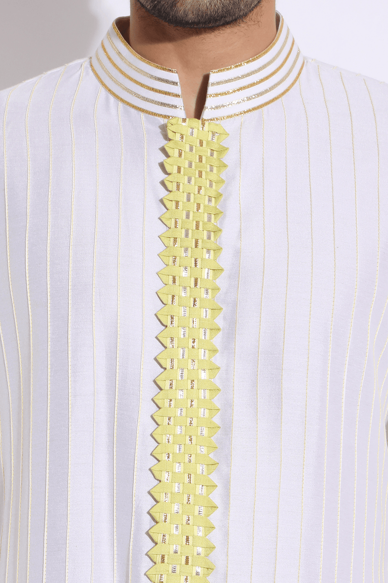 Ivory with Lime Yellow Matting detail Kurta Set - Kunal Anil Tanna