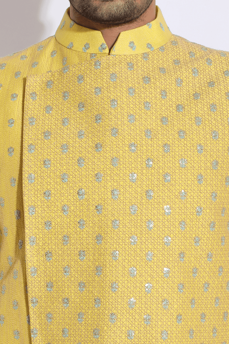 Yellow thread textured bandi kurta set - Kunal Anil Tanna