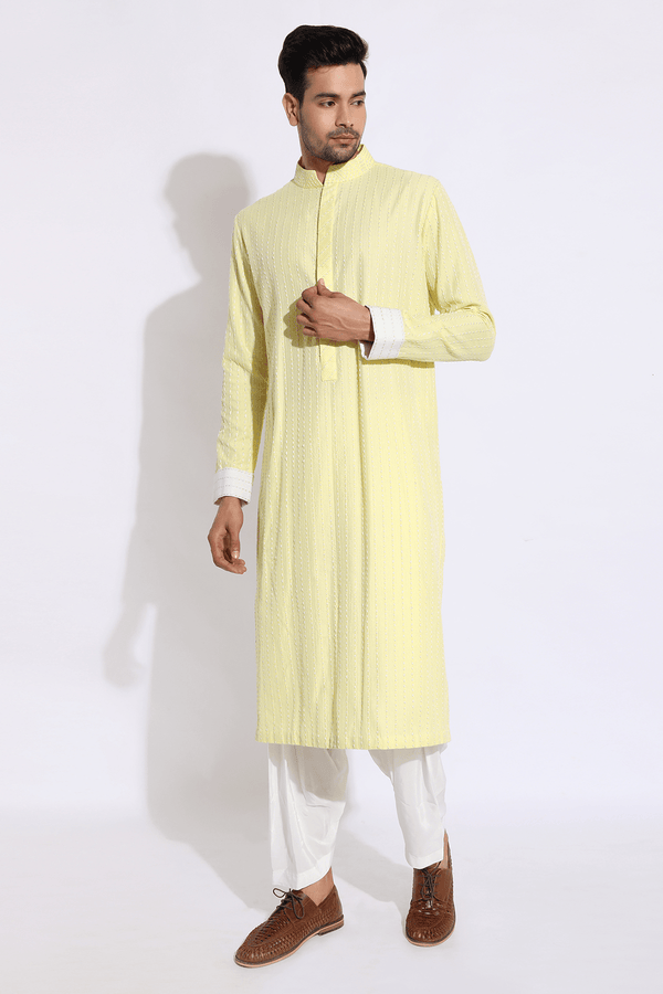 Light yellow with thread texture Kurta Set (Express Delivery) - Kunal Anil Tanna