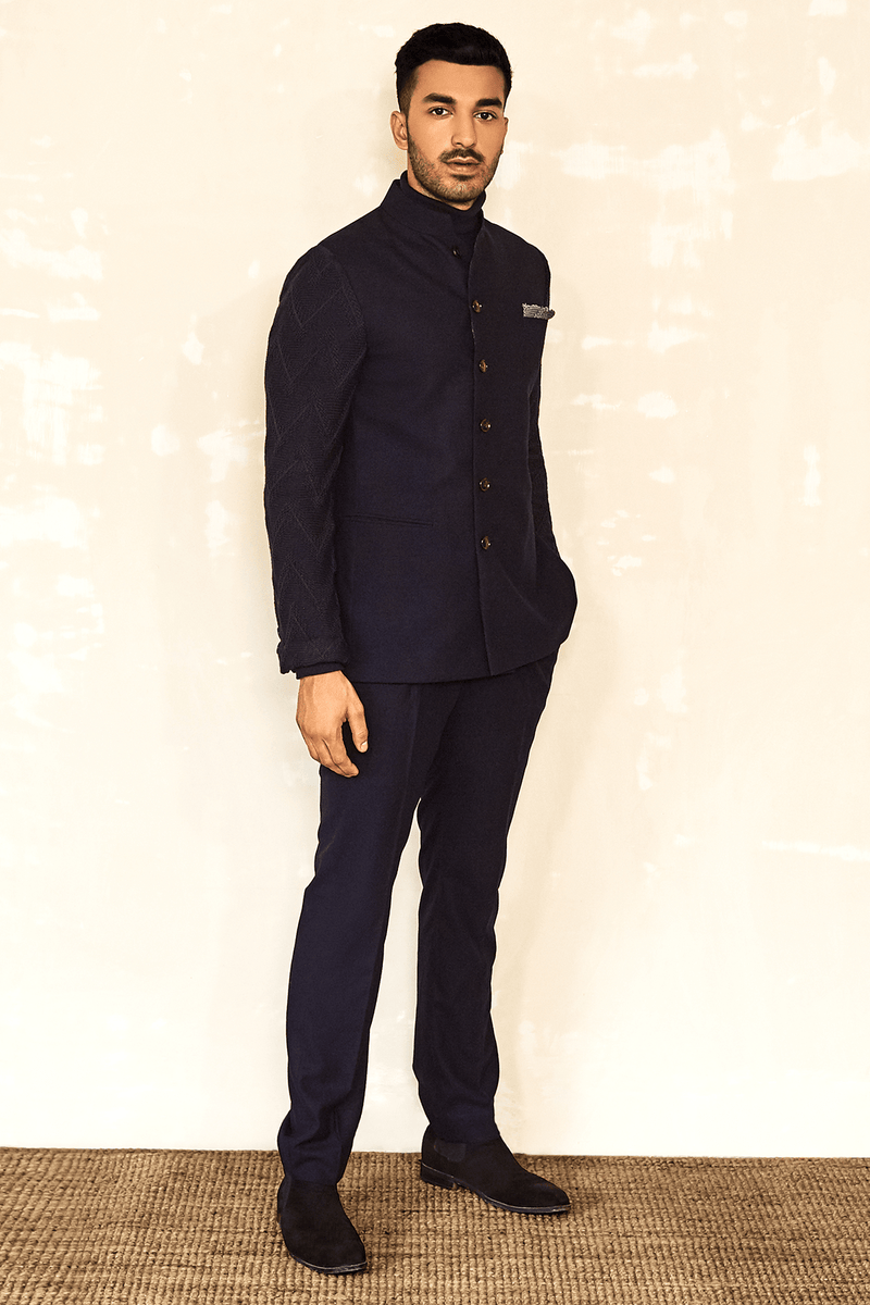 Knitted Sleeves Bandhgala Jacket with Polo Neck T-shirt & Blue Trousers - Kunal Anil Tanna