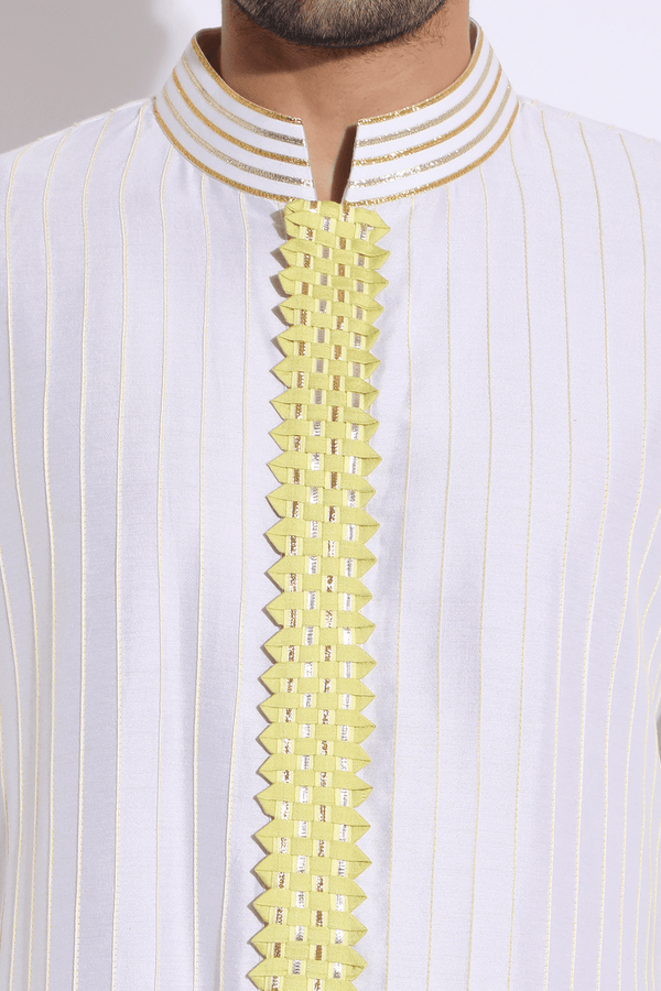Ivory with Lime Yellow Matting detail Kurta Set (Express Delivery) - Kunal Anil Tanna