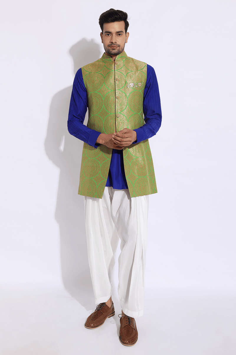 Green brocade bandi jacket with blue kurta set (Express Delivery) - Kunal Anil Tanna