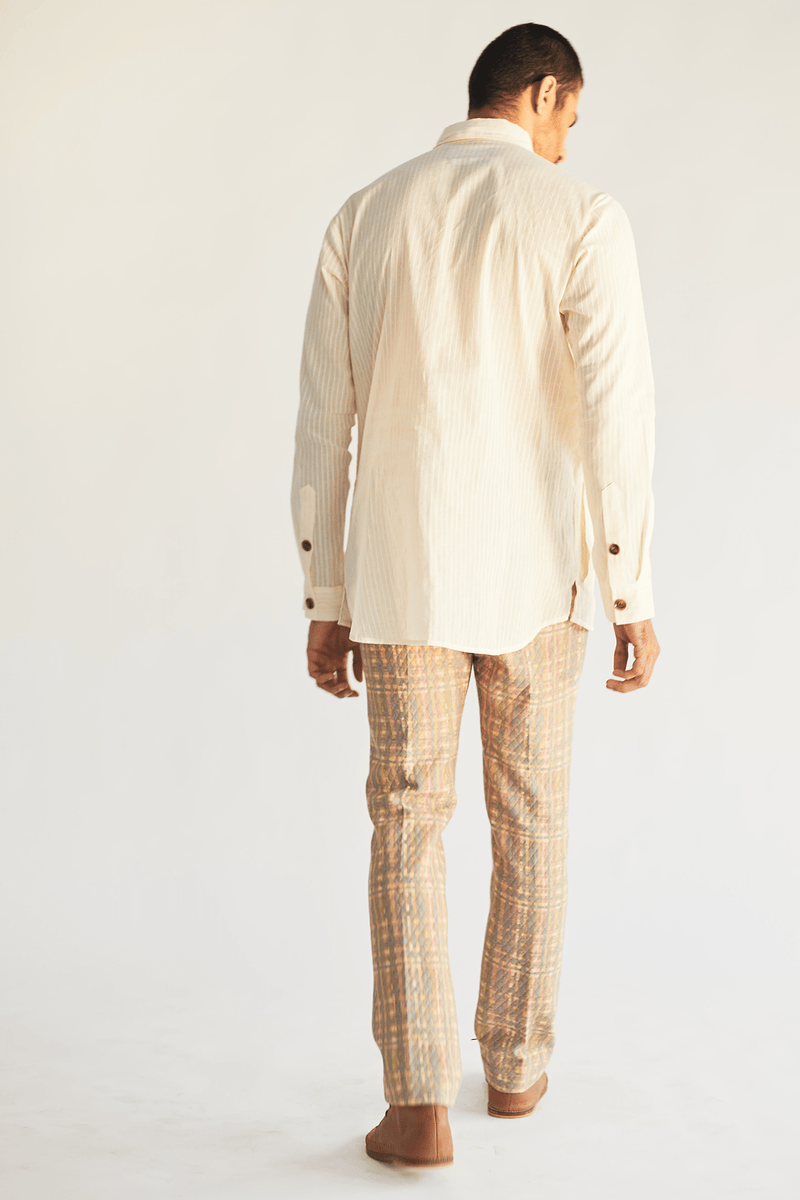 Ivory Long Shirt Jacket with Shirt and Mesh Faded Print Pants - Kunal Anil Tanna