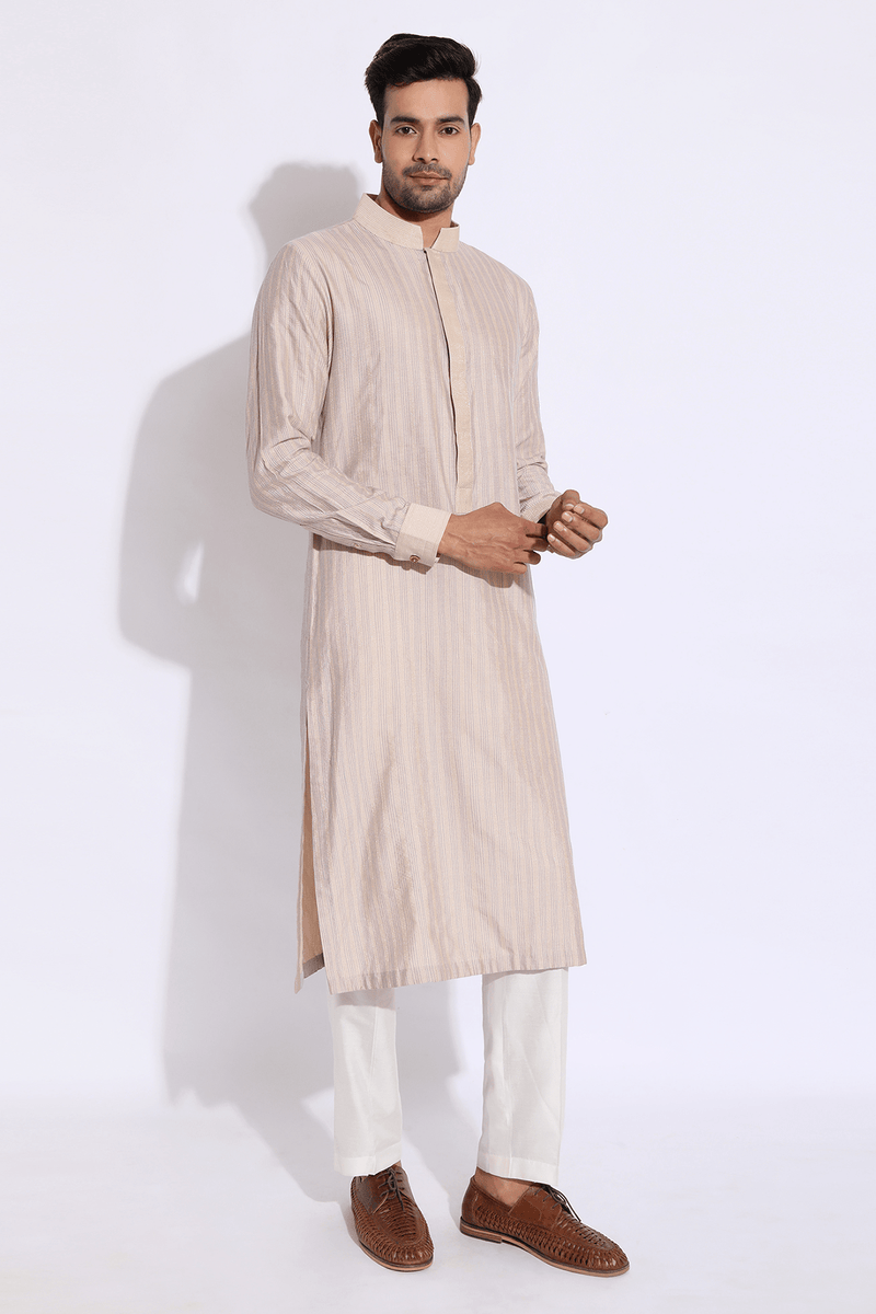 Beige with dark lilac thread texture kurta set (Express Delivery) - Kunal Anil Tanna