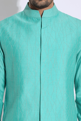 Turquoise blue with gold zari texture bandi kurta set (Express Delivery) - Kunal Anil Tanna