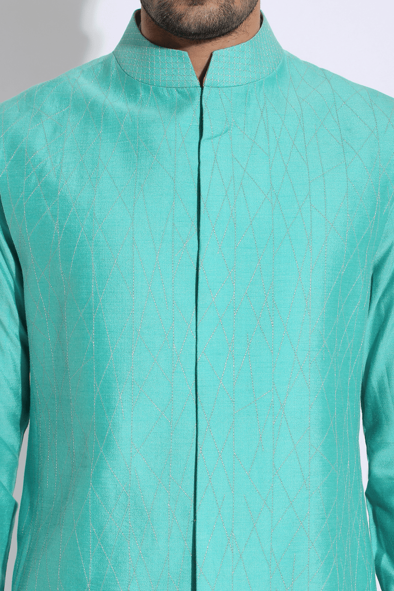 Turquoise blue with gold zari texture bandi kurta set (Express Delivery) - Kunal Anil Tanna