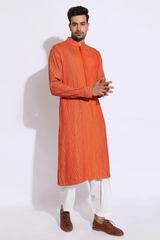 Beige with red and orange thread texture kurta set (Express Delivery) - Kunal Anil Tanna