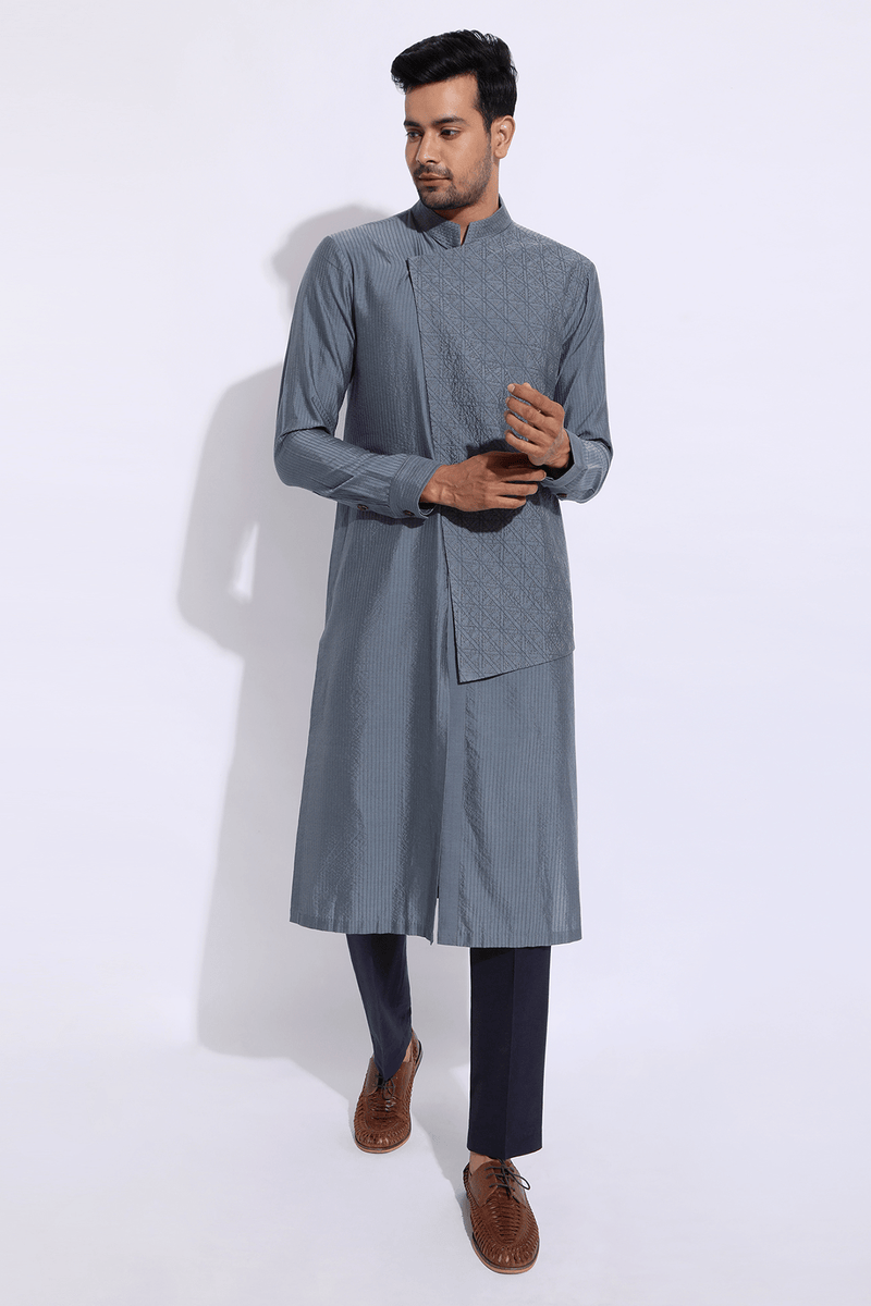 Grey asymmetrical mock layered textured kurta set (Express Delivery) - Kunal Anil Tanna