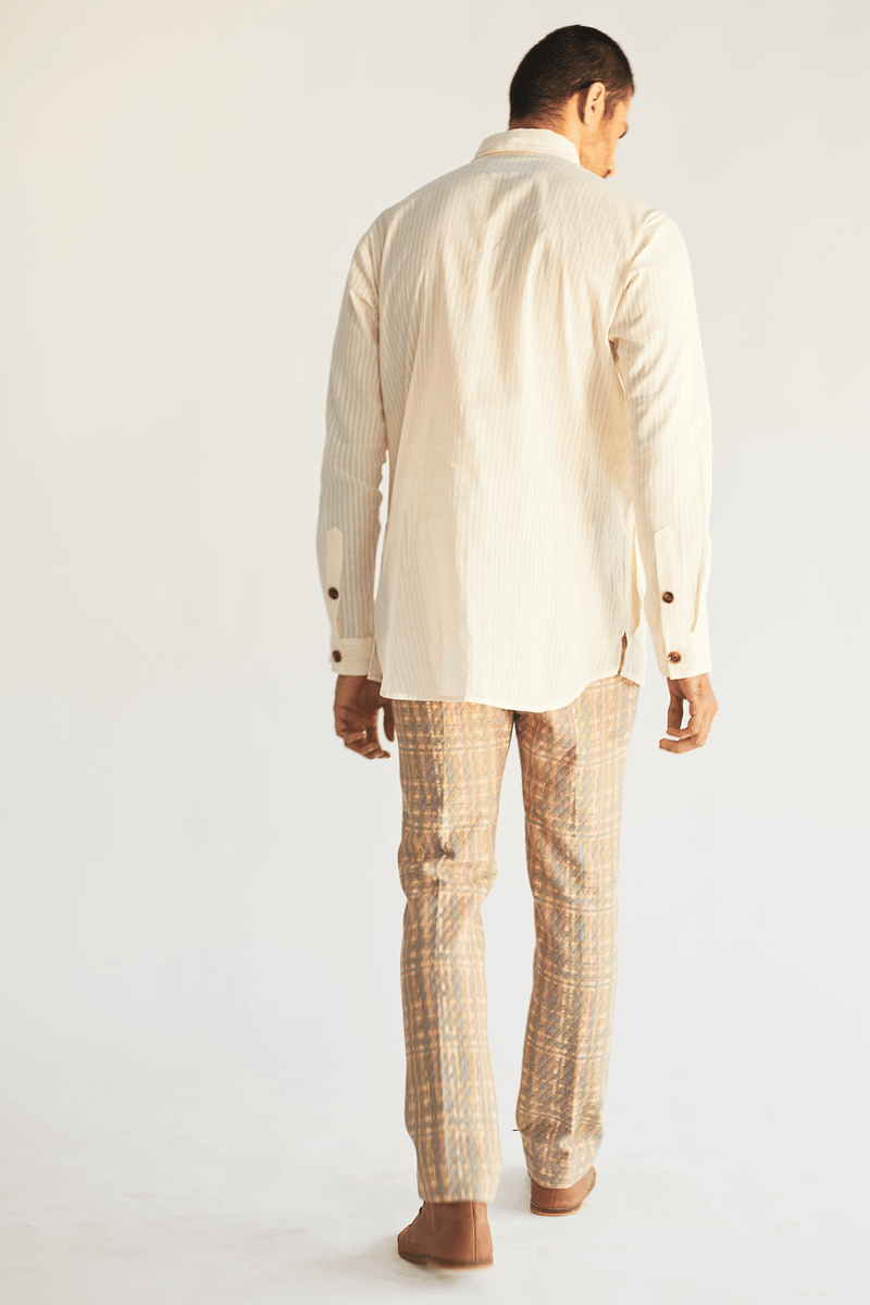 Ivory Long Shirt Jacket with Shirt and mesh faded print pants (Express Delivery) - Kunal Anil Tanna