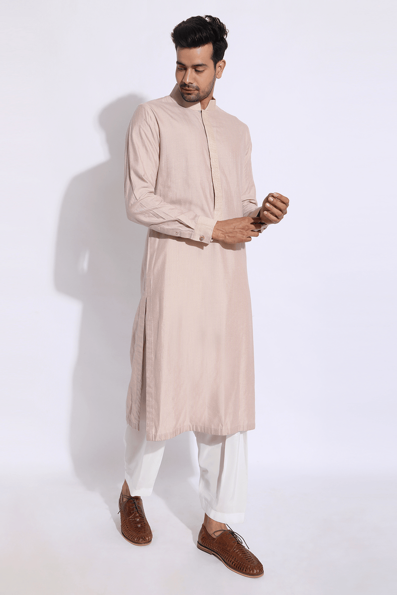 Beige with light lilac thread texture kurta set - Kunal Anil Tanna