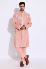 Light peach with zari lines Kurta set (Express Delivery) - Kunal Anil Tanna