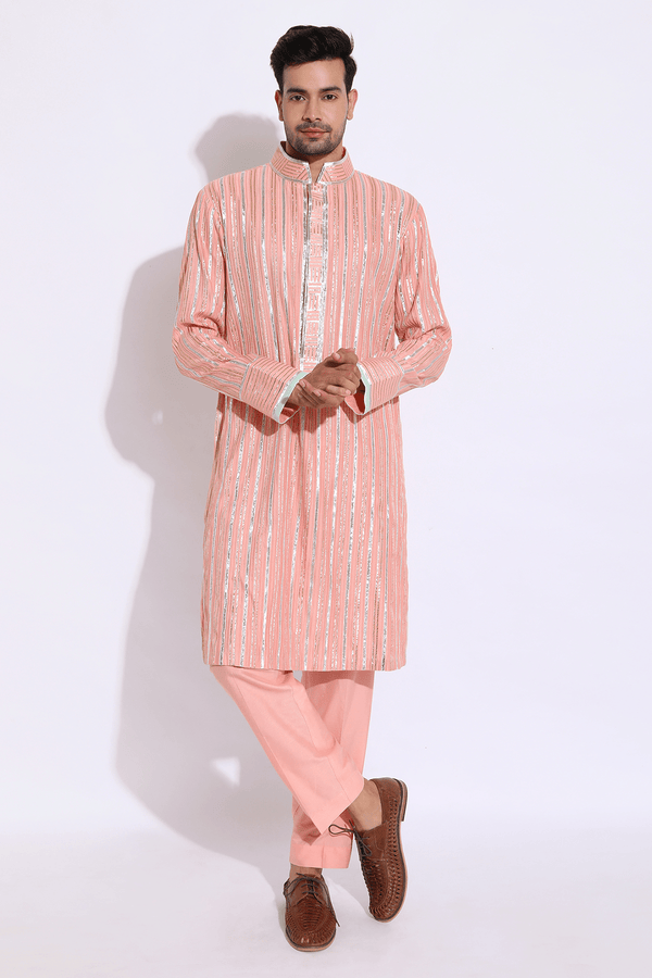Light peach with zari lines Kurta set (Express Delivery) - Kunal Anil Tanna