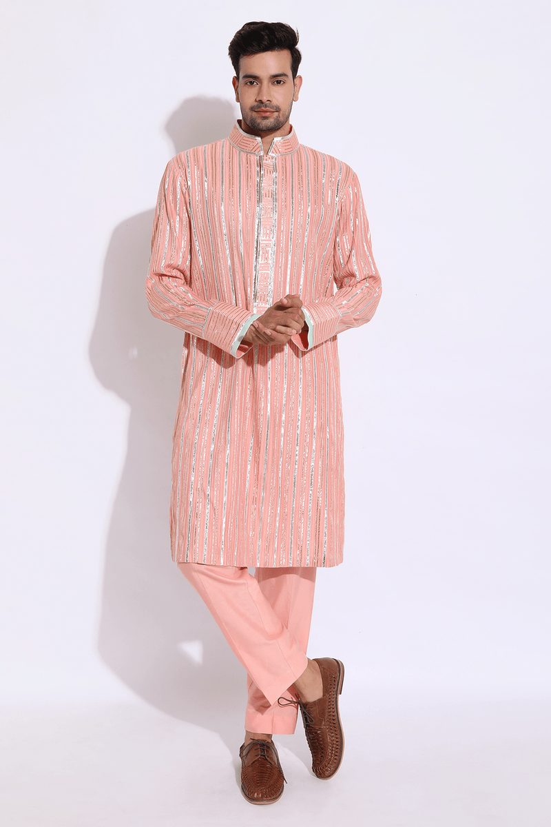 Light peach with zari lines Kurta set (Express Delivery) - Kunal Anil Tanna