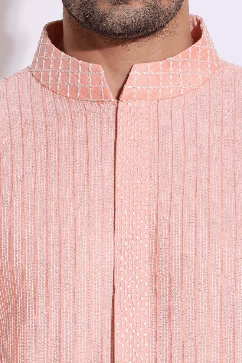 Peach with ivory thread texture kurta set (Express Delivery) - Kunal Anil Tanna