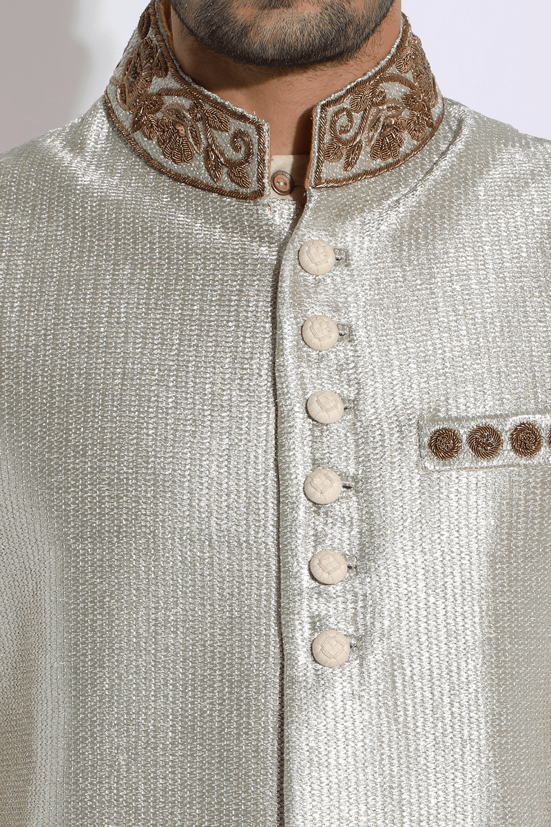 Gold texture with embroidery bandi and ivory kurta with peach aligarhi set - Kunal Anil Tanna