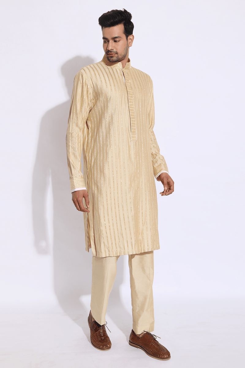 Beige with zari lines Kurta set - Kunal Anil Tanna