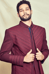 Siddhant Chaturvedi In Maroon Achkan jacket with shirt kurta and aligarhi pant - Kunal Anil Tanna