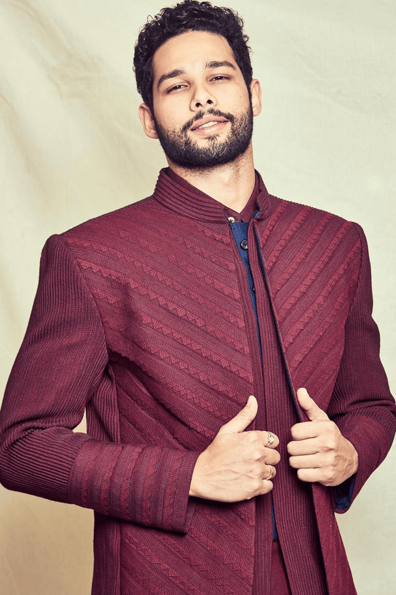 Siddhant Chaturvedi In Maroon Achkan jacket with shirt kurta and aligarhi pant - Kunal Anil Tanna