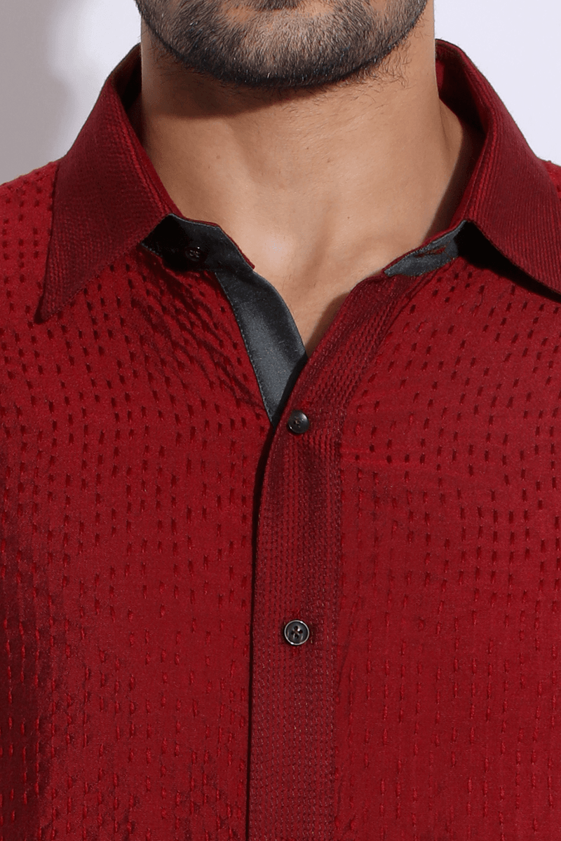 Dark red with thread texture shirt kurta set - Kunal Anil Tanna