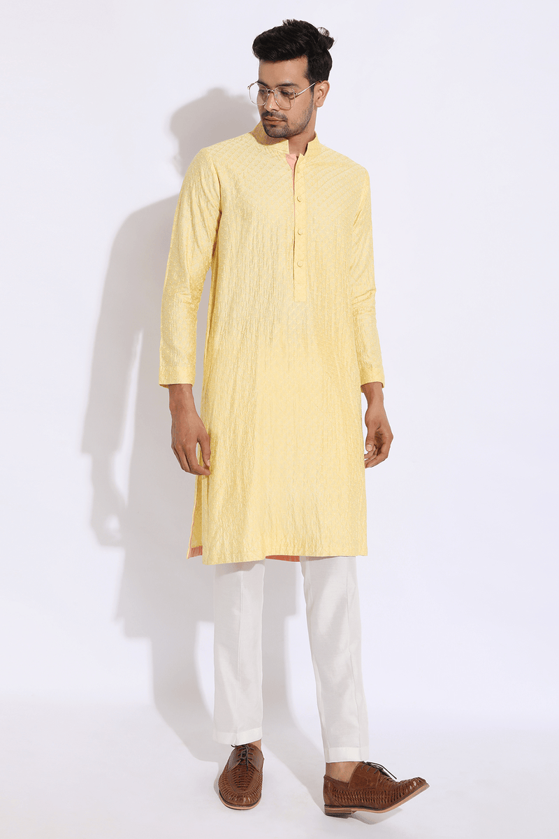 Light yellow embroidered kurta set (Express Delivery) - Kunal Anil Tanna