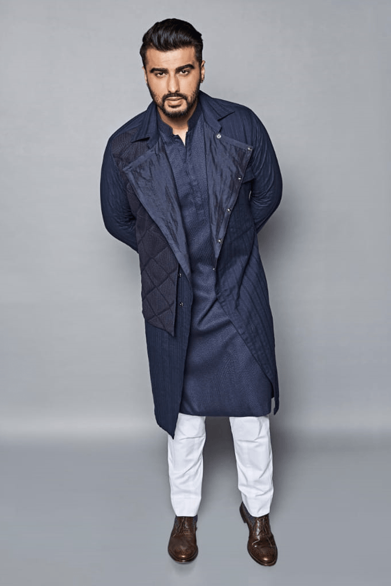 Arjun Kapoor In Dark blue trench style shirt jacket with knit flap - Kunal Anil Tanna