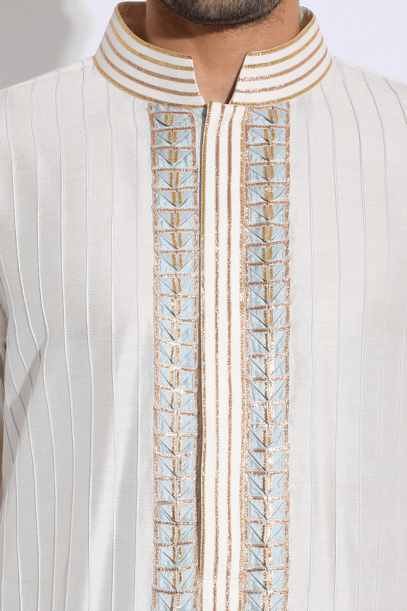 Ivory with blue pleating detail Kurta set (Express Delivery) - Kunal Anil Tanna