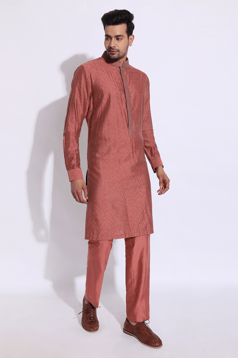 Salmon with grey thread texture Kurta Set - Kunal Anil Tanna